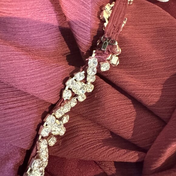 David's Bridal Long Burgundy Formal Rhinestone Accent Dress - Picture 9 of 13